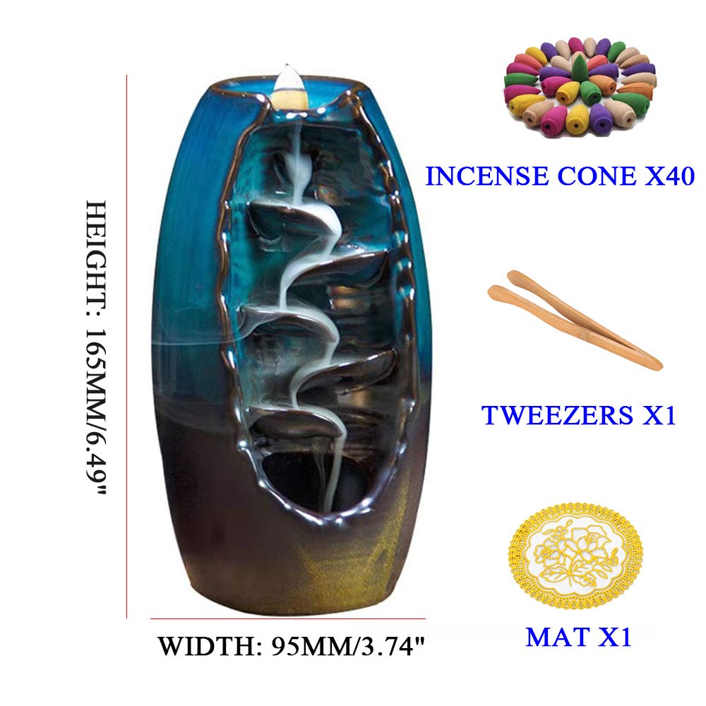 Bruciatore incenso riflusso, ornamenti di incensiere a cascata, decorazioni in ceramica blu aromaterapia, decorazioni per la casa in stile retrò, con 40 tubi di incenso + 1 cuscino + 1 pinzetta