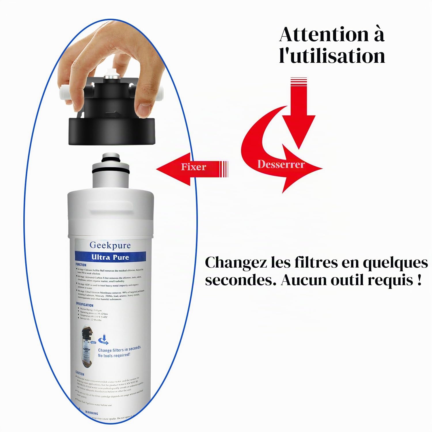 Geekpure système de filtration d'eau potable à connexion directe ultra pure haute capacité à 4 étages -0,01 micron