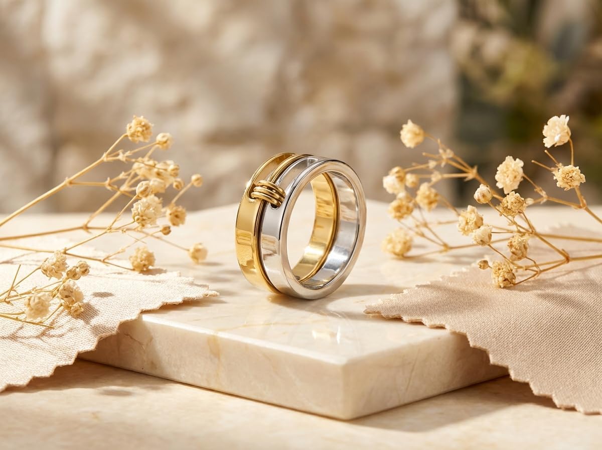 Generation Refined - Silver Gold Stackable Rings, 18K Gold Plated Stainless Steel, Silver and Gold Two Tone, Non Tarnish Multi Ring Mixed Metals Set - Image 2