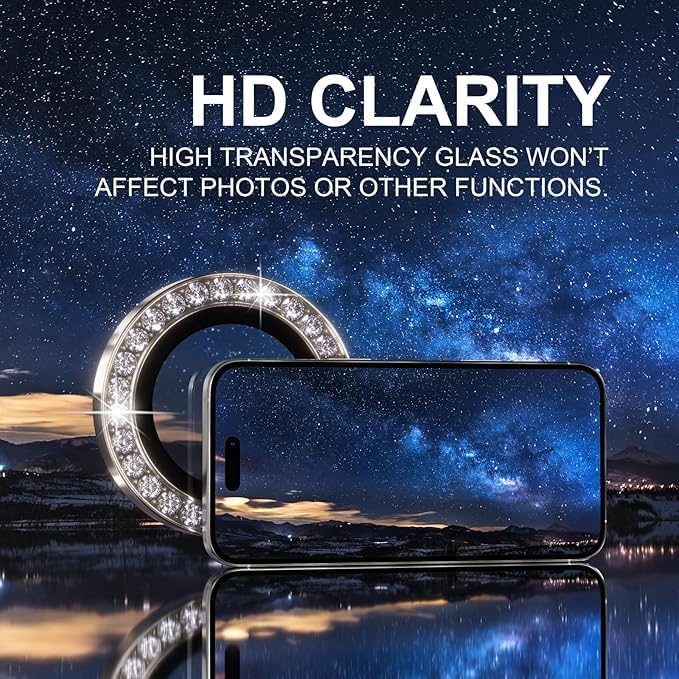 Image of Compatiable with iPhone 16 Pro / 16 Pro Max Camera Lens Protector Ring - Diamond Design | 9H Tempered Glass | HD Clear | Anti-Scratch | Anti-Drop Desert Titanium Diamond