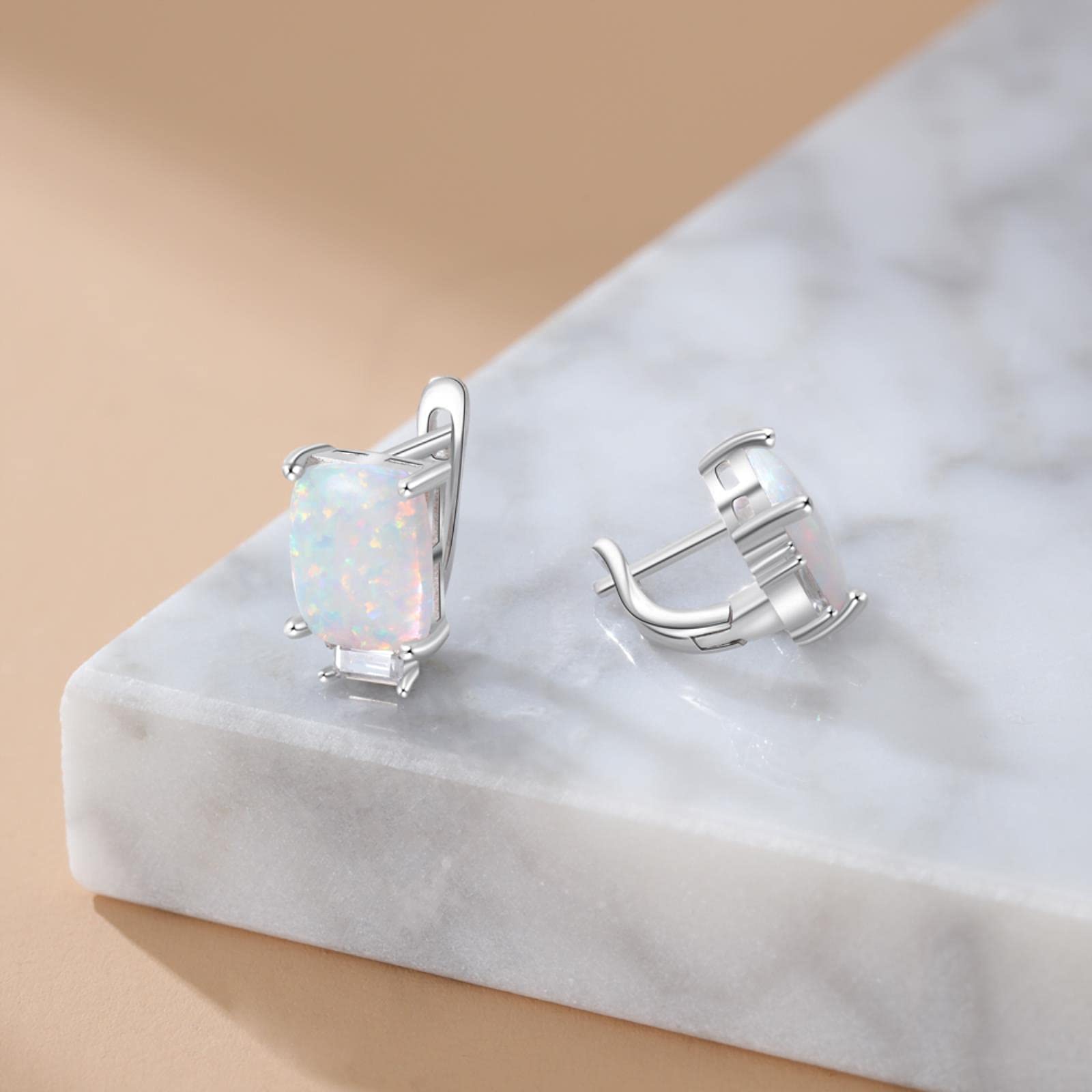SALAN Pendientes De Aro De Plata De Ley 925 para Mujer Pendientes Rectangulares De Ópalo Blanco con Circonita Joyería De Plata 925