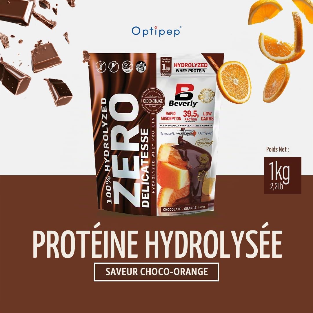 Beverly HYDRO PROTEIN - Protéines de lactosérum hydrolysées avec Digezyme et Tolerase - 1 kg - 29 g de protéines par portion - 28 portions - Excellente digestibilité - Saveur (Chocolat Orange)
