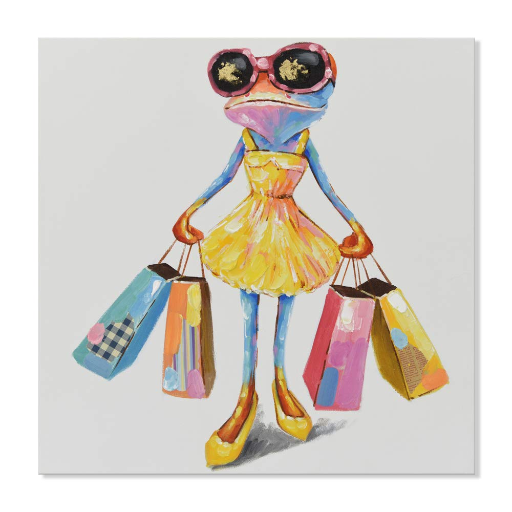 JAPO ART Shopping Frog Canvas Wall Art Colorful Cute Animal Abstract Oil Painting Modern Wall Picture Framed Artwork for Living Room Home Bedroom Decor 24 x 24 Inch