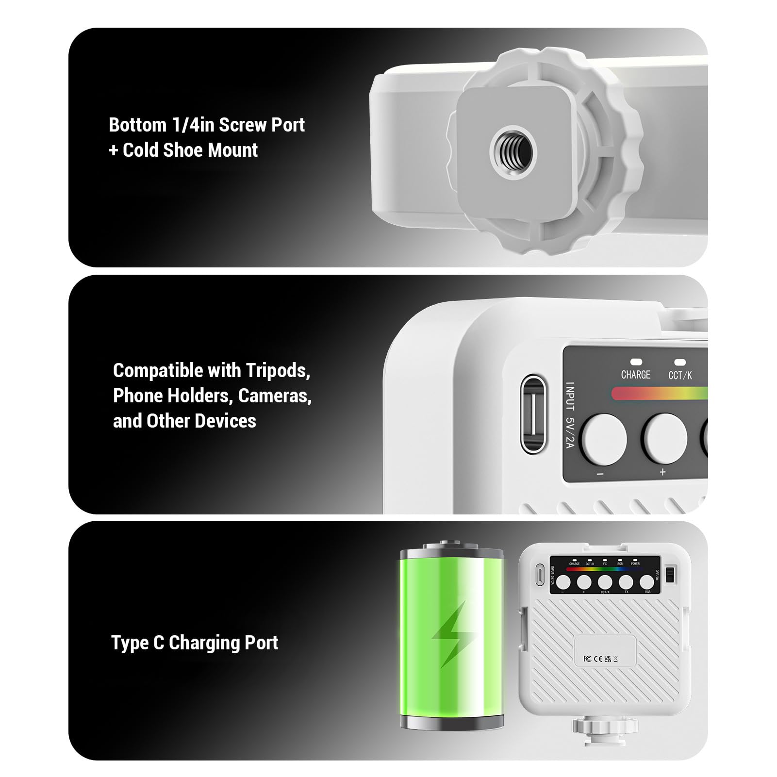Lampe Vidéo RVB LED Portable, CRI95+, 3000K-6500K, avec Support de Griffe Froide et Vis 1/4, pour Photographie et Vidéo, Blanc