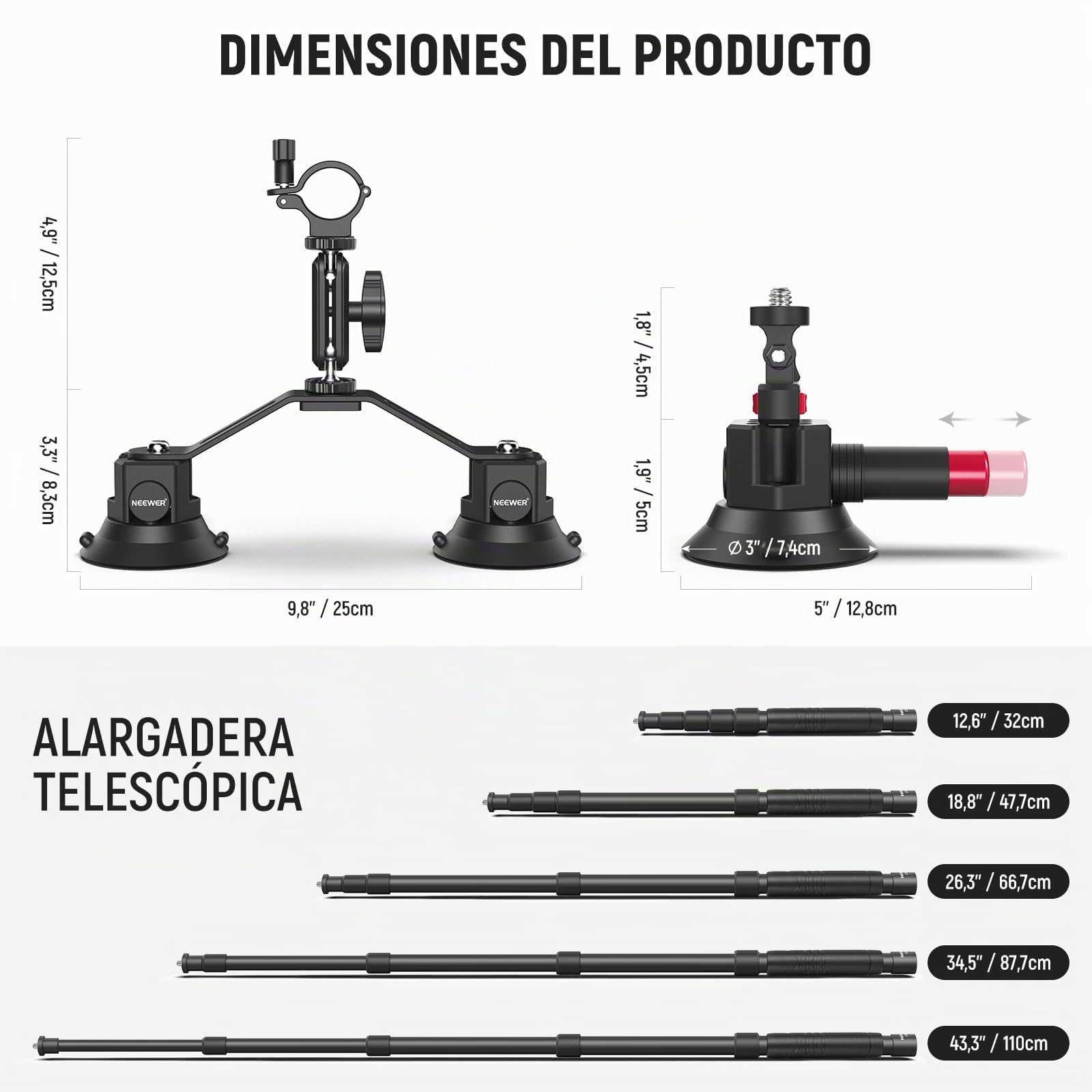 NEEWER Kit Montaje para Coche 2 en 1 Triple Ventosa Palo de Selfie Brazo Mágico Liberación Rápida para Action Cam GoPro Insta360 CA065