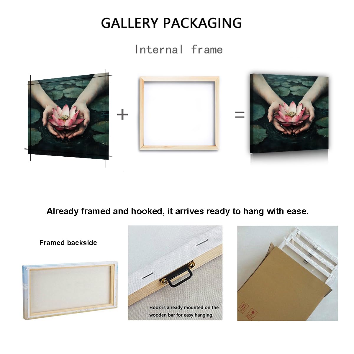 YUNART Tela pittura da tela arte murale con mano ninfea laghetto di fiori decorazioni murali per soggiorno cucina bagno ufficio arredamento della casa 90x90cm Telaio interno