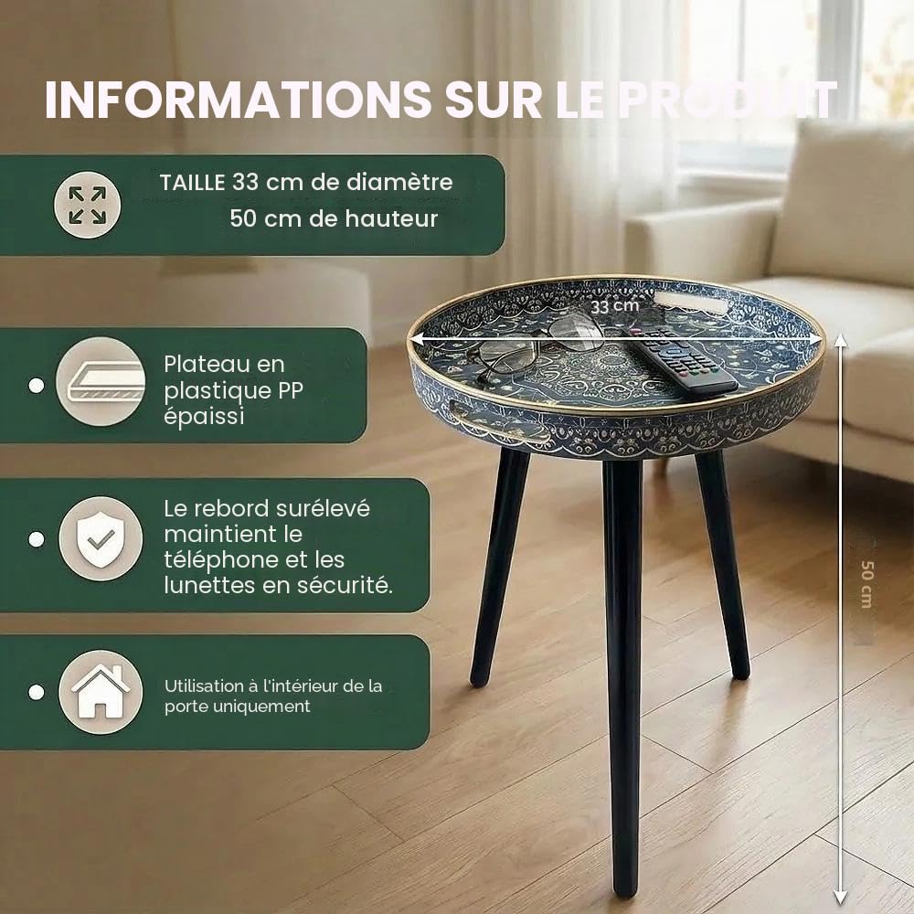 Tables d'appoint rondes d'extérieur avec 3 pieds en bois détachables, table plateau polyvalente, parfaite pour table basse ronde à café et à thé, et moment de détente 45 cm (Bleu Maze)