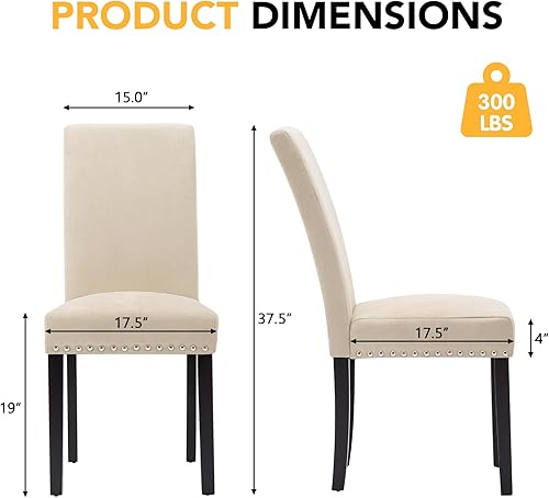 Miniatura 2 de LSSPAID Juego de 4 sillas de comedor tapizadas de tela con ribete de cabeza de clavo y patas de madera maciza para el hogar y la cocina, color beige