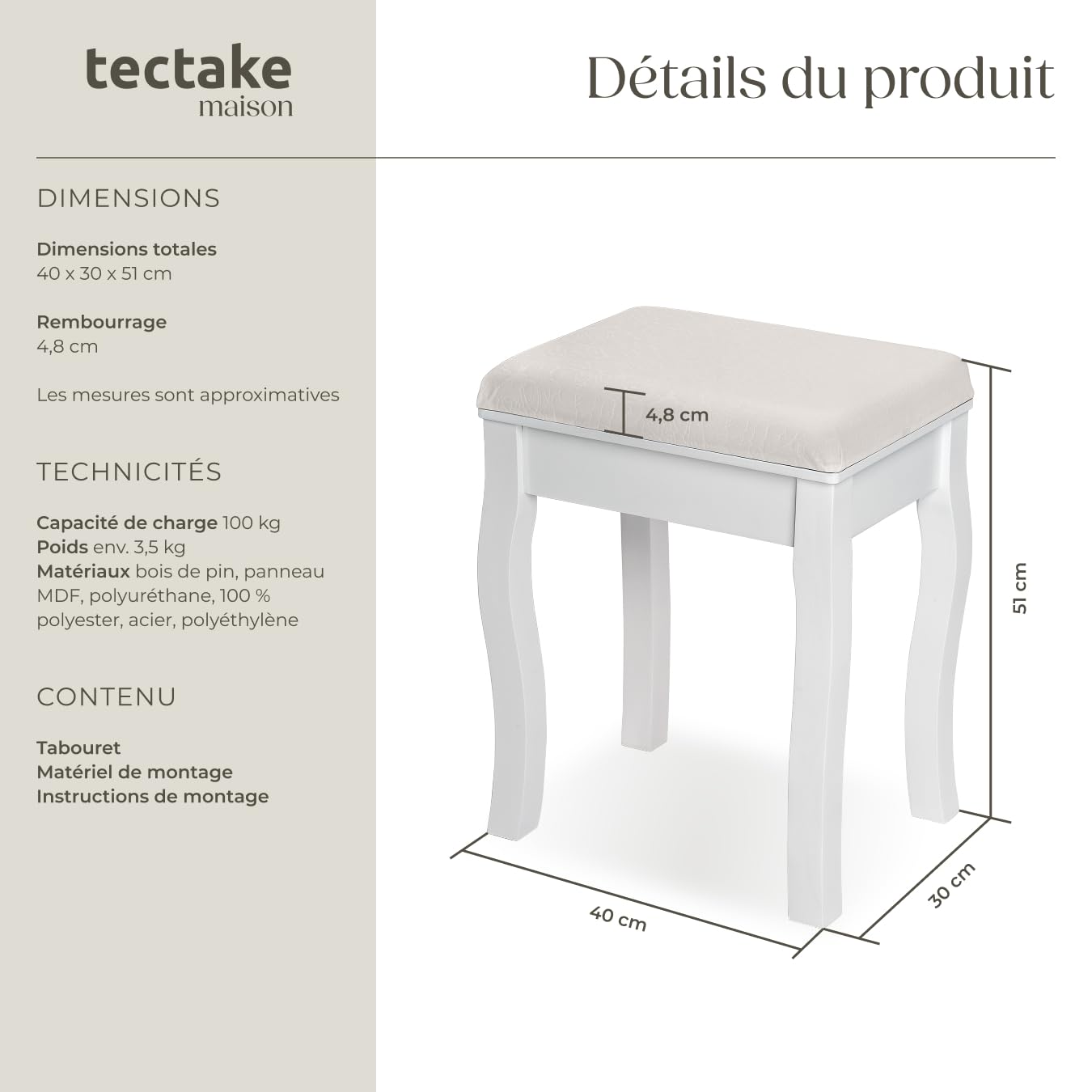 tectake® Tabouret Coiffeuse 40 x 30 x 51 cm, Chaise avec Coussin pour Coiffeuse Table de Maquillage Table manucure, Tabouret Piano Chaise Maquillage Pouf Banc Piano Décoration Chambre Salon, Blanc