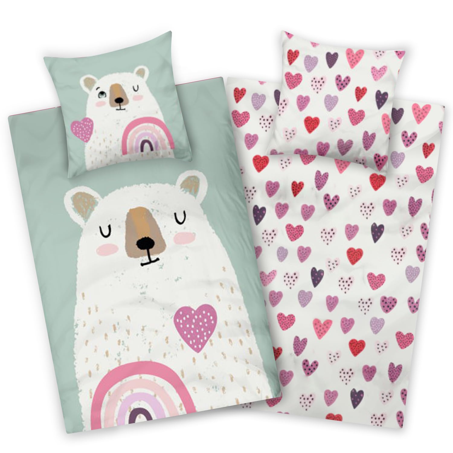 Aminata kids Biber Bettwäsche Bär 135x200 Kinder 100% Baumwolle türkis