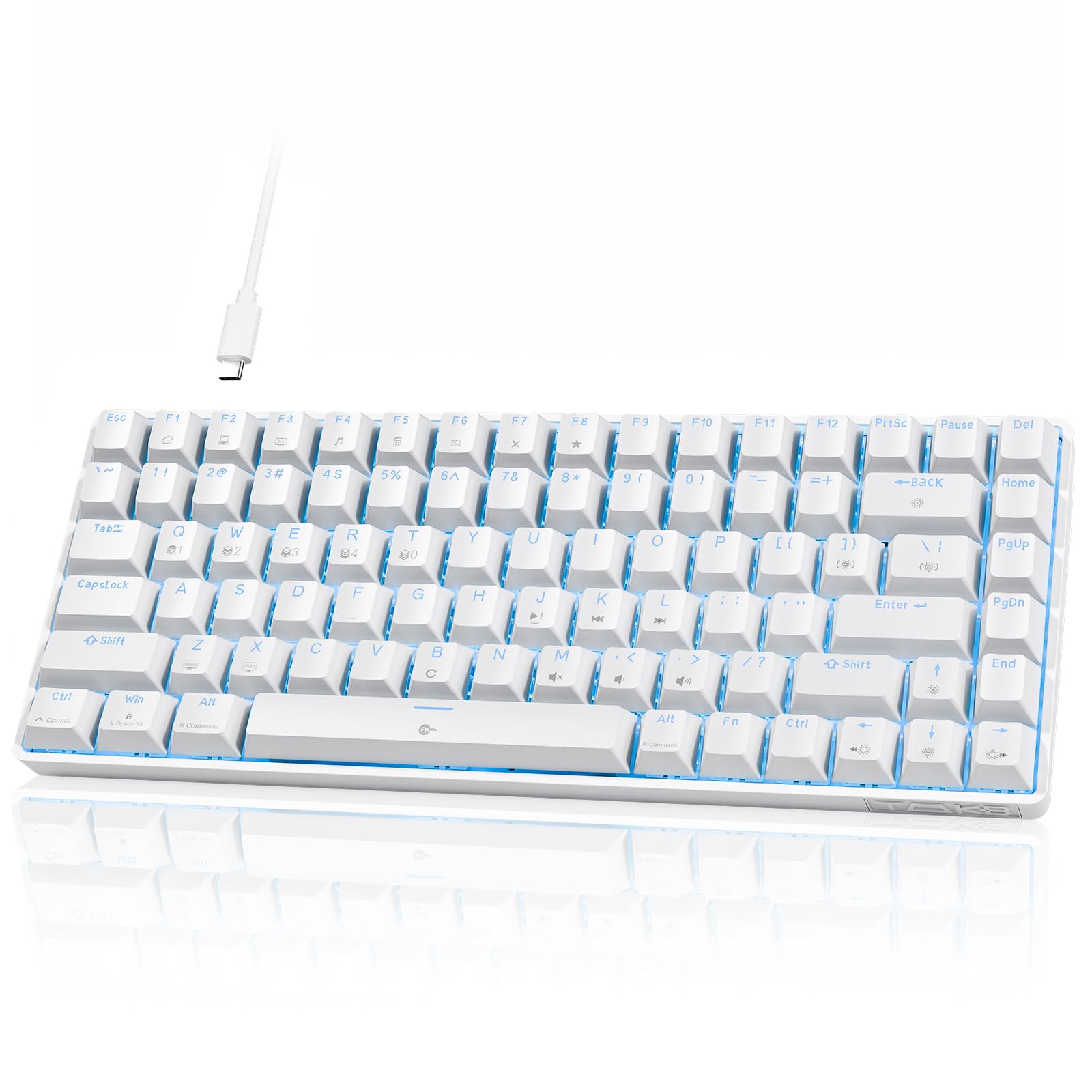 TMKB T84SE Tastiera Meccanica, Layout QWERTY US, Tastiera Gaming a 84 Tasti con LED Blu, N-Key Rollover Red Switch per PC Windows/Mac OS, Bianco