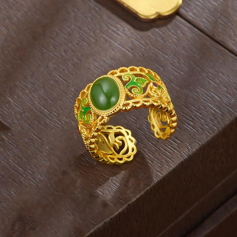 14K Gold Over S925 Sterling Silver Hetian Jade Yǎnwēi Open Rings, Chinese New Year Blessings, Ethnic Style Hand Ornament - Image 6