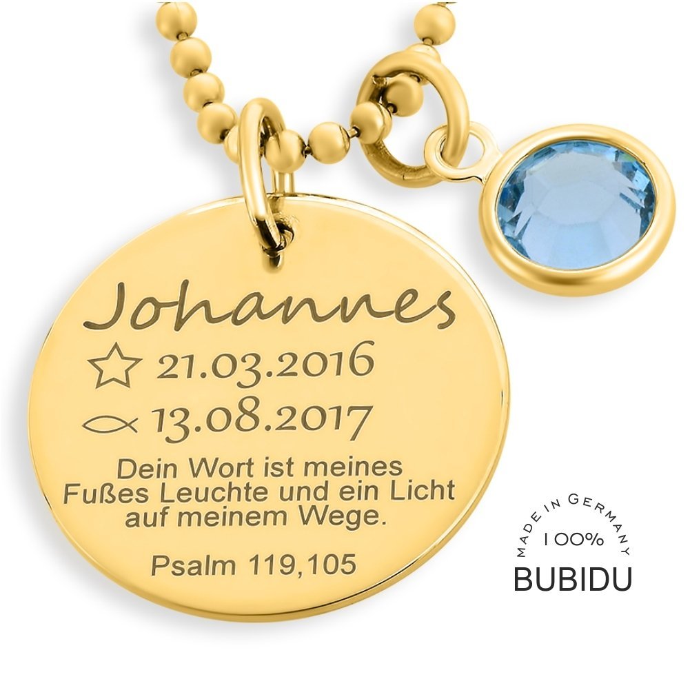Taufkette Gold Junge Mädchen Gravur Taufspruch Namenskette Taufe Monatsstein Taufschmuck mit Daten Psalm Taufspruch Taufe Geschenk Goldkette Geburt Baby | HANDMADE IN GERMANY