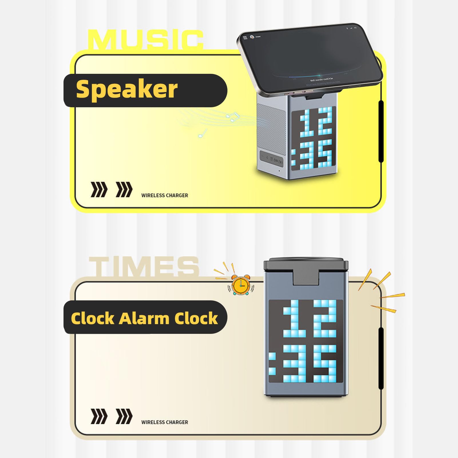 Station de Chargement sans Fil 6 en 1 pour avec Haut-Parleur Bluetooth, Affichage Pixel, Réveil, Chargeur sans Fil pour écouteurs de Montre de Téléphone, Station de Chargement