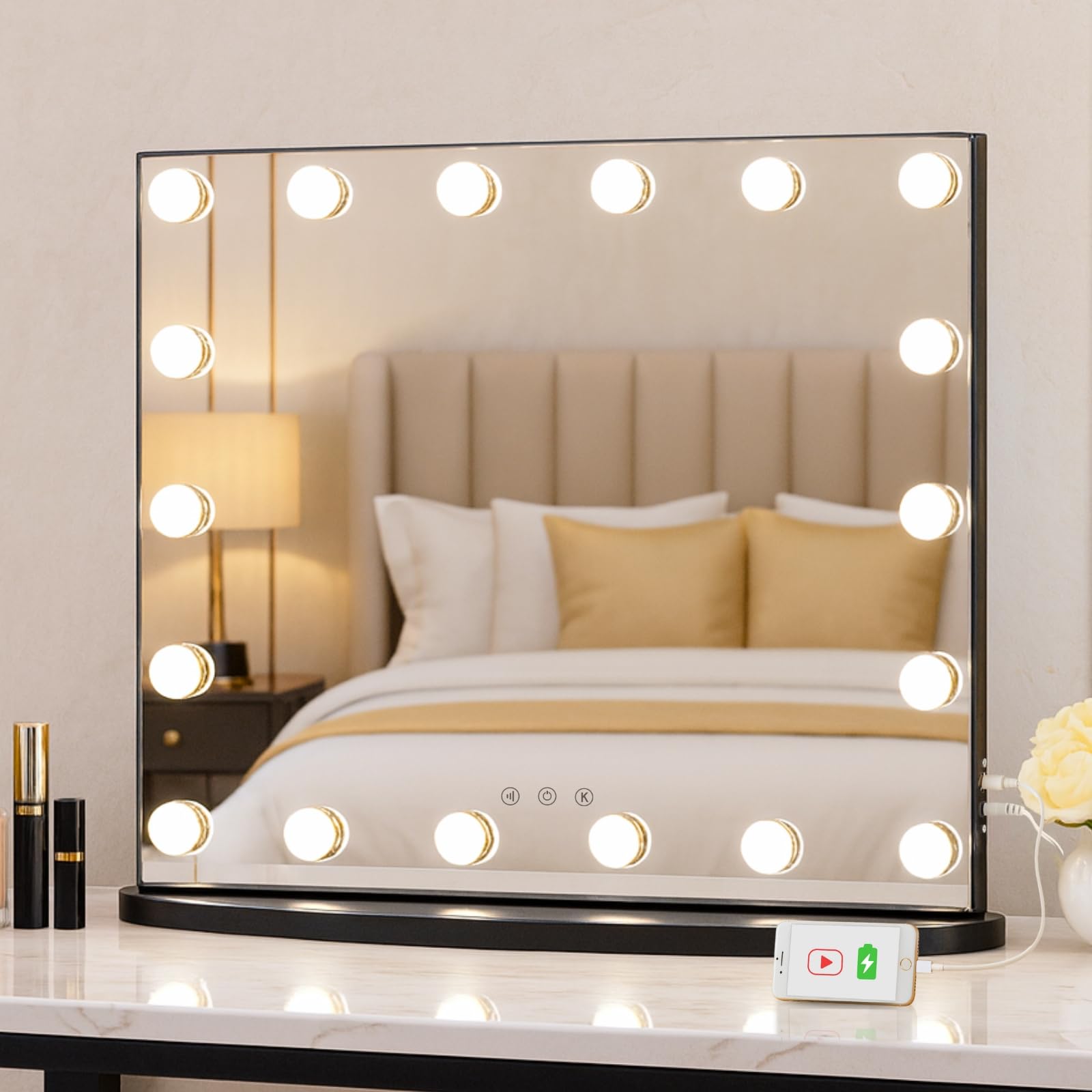 LUXFURNI Vanity Mirror with Lights, 23.6" Hollywood Makeup Mirror Black