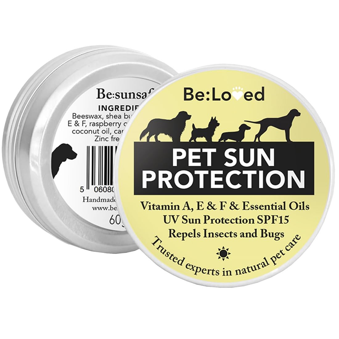 Be:Loved - Be:Sunsafe Pet Sun Protection Balm - Handmade in the UK - Natural Skin Shield for Dogs & Cats - Blend with Shea Butter, Raspberry Oil & Carrot Seed - Dog Stuff - 60g