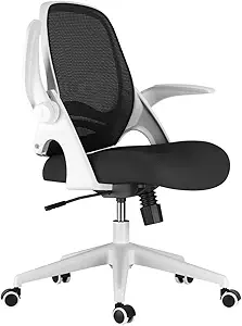 Hbada Office Desk Chair with Flip-Up Armrests and Saddle Cushion, Ergonomic Office Chair with S-Shaped Backrest, Swivel, Mesh, White
