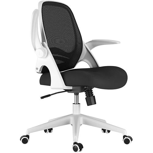 Hbada Office Desk Chair with Flip-Up Armrests and Saddle Cushion, Ergonomic Office Chair with S-Shaped Backrest, Swivel, Mesh, White