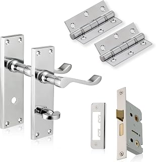 XFORT Chrome Elegance Range Polished Chrome Victorian Bathroom Pack, Complete Set with Bathroom Handles, 65mm Mortice Bathroom Lock and 75mm Ball Bearing Hinges, for Internal Wooden Doors