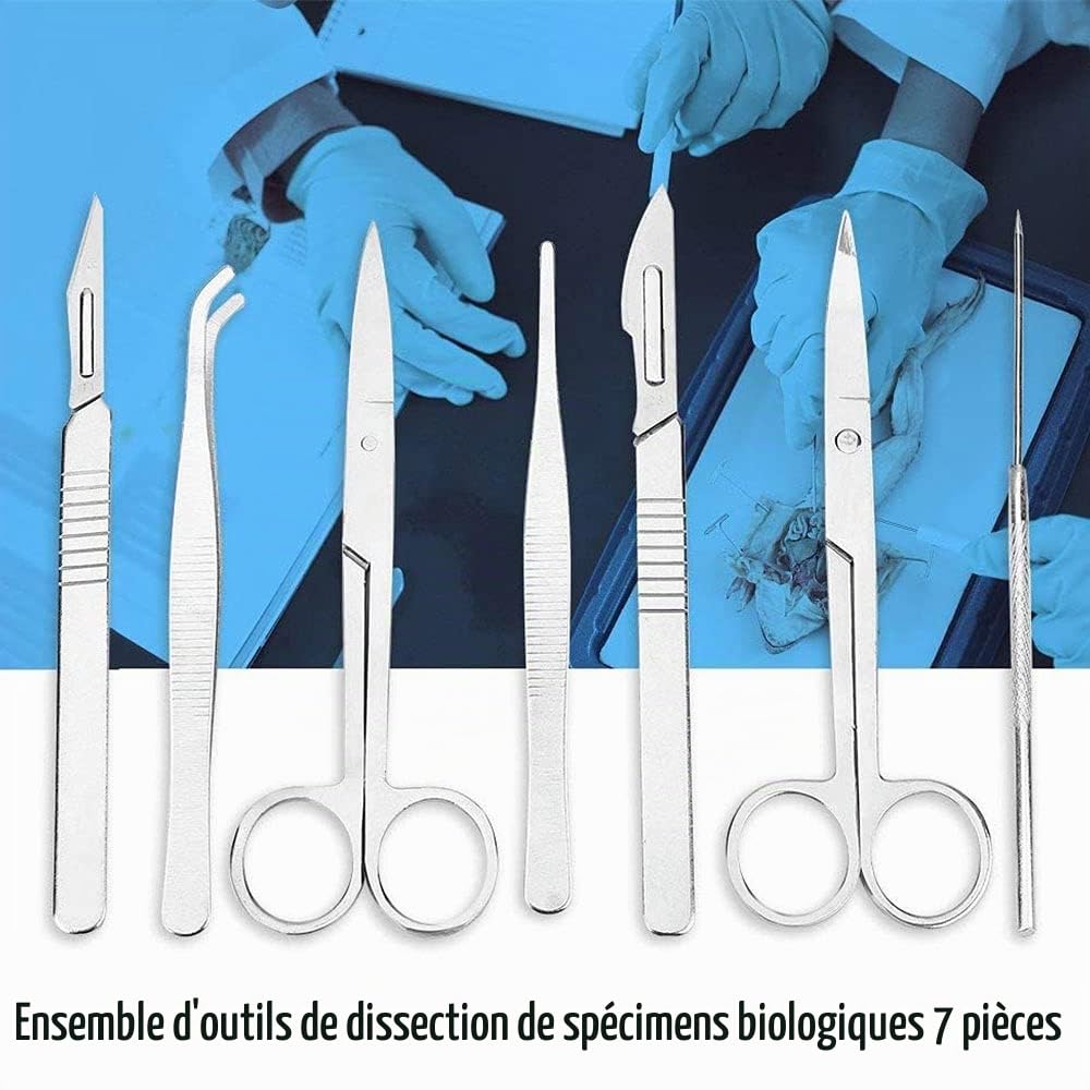 Kit de dissection de 7 pièces pour étudiants en médecine, kit de dissection de biologie outil de dissection de laboratoire avec poignée de scalpel et scalpel adapté aux grenouilles, etc.
