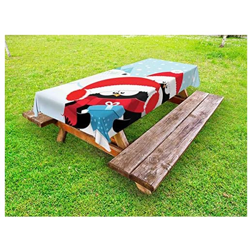 ABAKUHAUS Noël Nappe Extérieure, Penguins Lunatique Igloo, Nappe de Table de Pique-Nique Lavable et Décorative, 145 cm x 265 cm, Baby Blue Vermilion