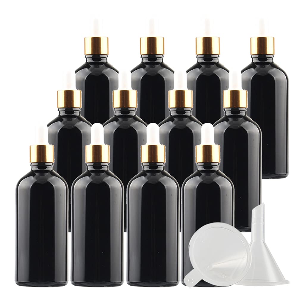 12 Pieza,Botella de Aceite Esencial Negro brillante de 100 Ml, Fácil de Llenar, Botellas de Cristal con anillo de Oro y pipeta,para Aceite Esencial, Masaje,Fragancia, Aromaterapia