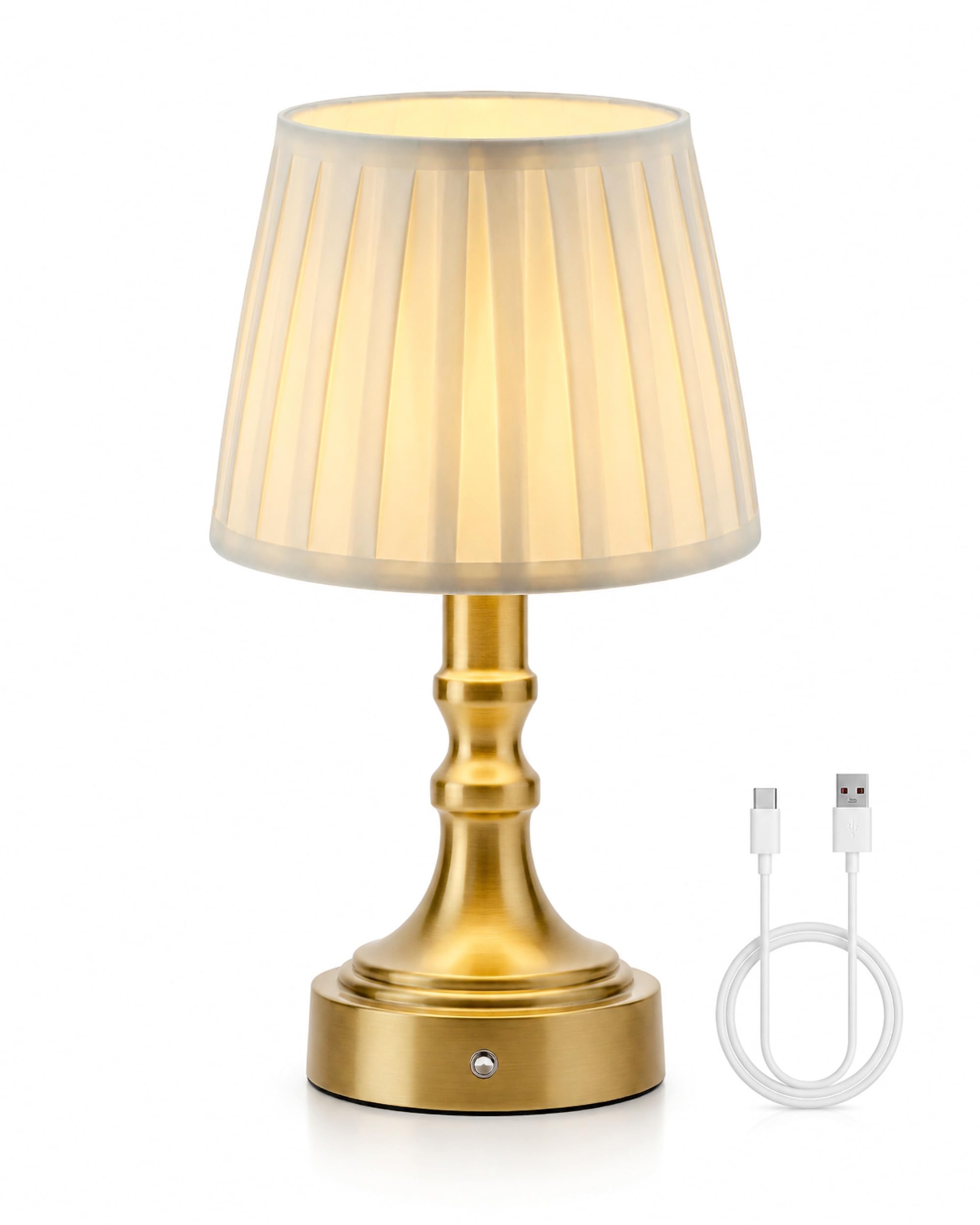 ACMHNC Lampada Tavolo Ricaricabile Dorata, Dimmerabile Touch, 2700K | Lampada da Comodino Senza Fili 4000 mAh, Paralume in Tessuto, Retrò per Camera, Soggiorno, Terrazza, Ristorante