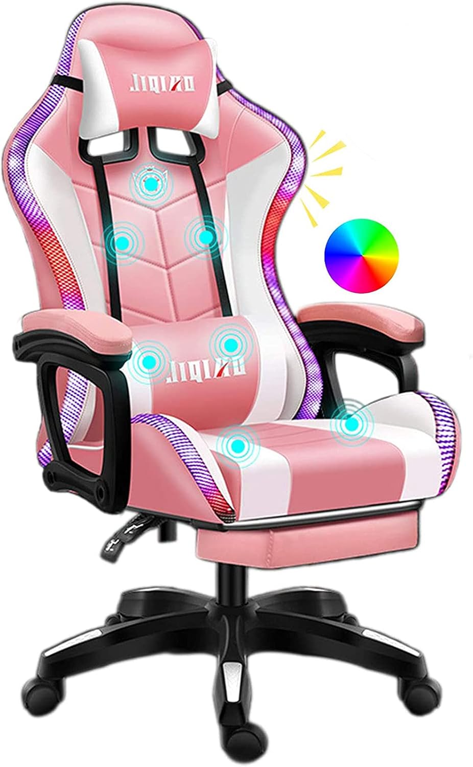 Gaming Chair with LED Light/Pro Gaming Chair with Bluetooth Speakers, Full Massager Lumbar Support and Bluetooth Speaker Video Gaming Chairs LED Lights Load-Bearing 150KG,Pink