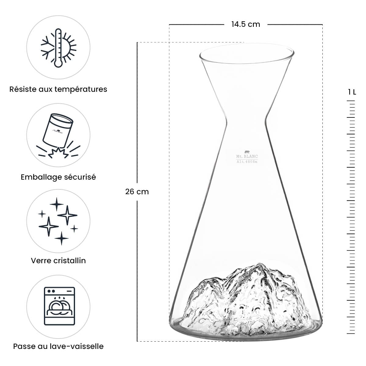 Carafe à eau 1 L | Borosilicate de qualité supérieure soufflés artisanalement avec les montagnes en relief | TOPOGRAPHIC (Mont Blanc)