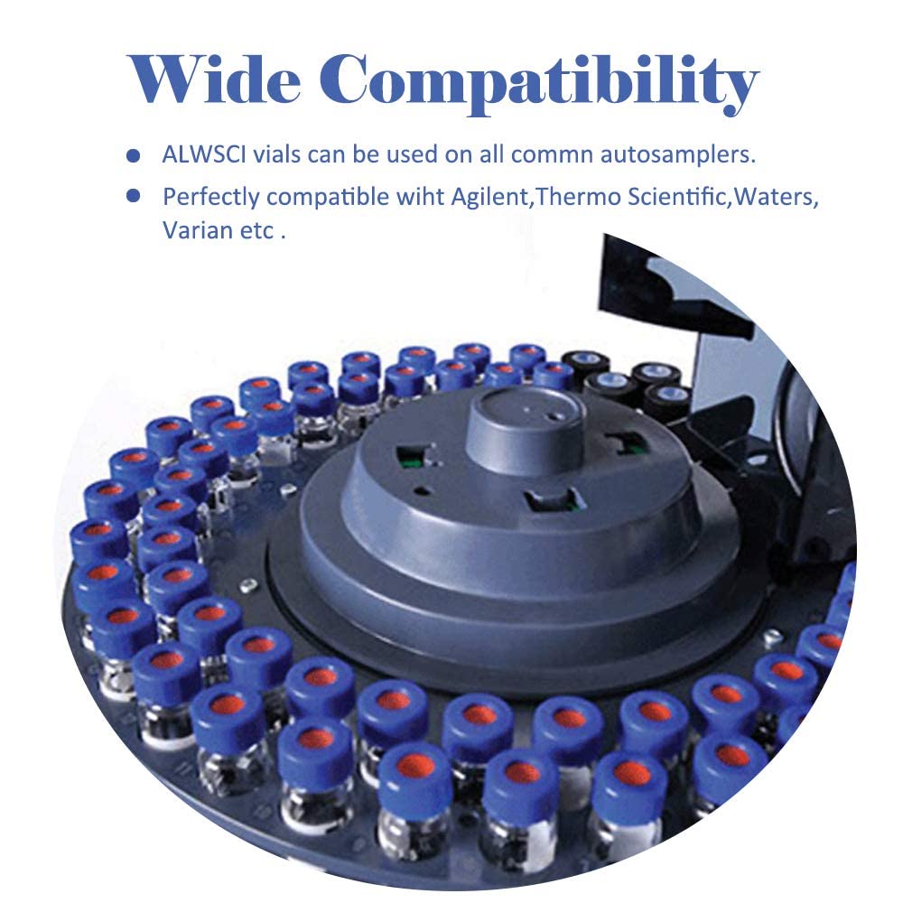 ALWSCI Fiale HPLC da 2 ml Fiale di Vetro, Fiale per Autocampionatore da Laboratorio Ambra, 9-425 Fiala Ambra, Tappo a Vite blu con Foro, Setti in Silicone Bianco PTFE e Rosso, 100 pz
