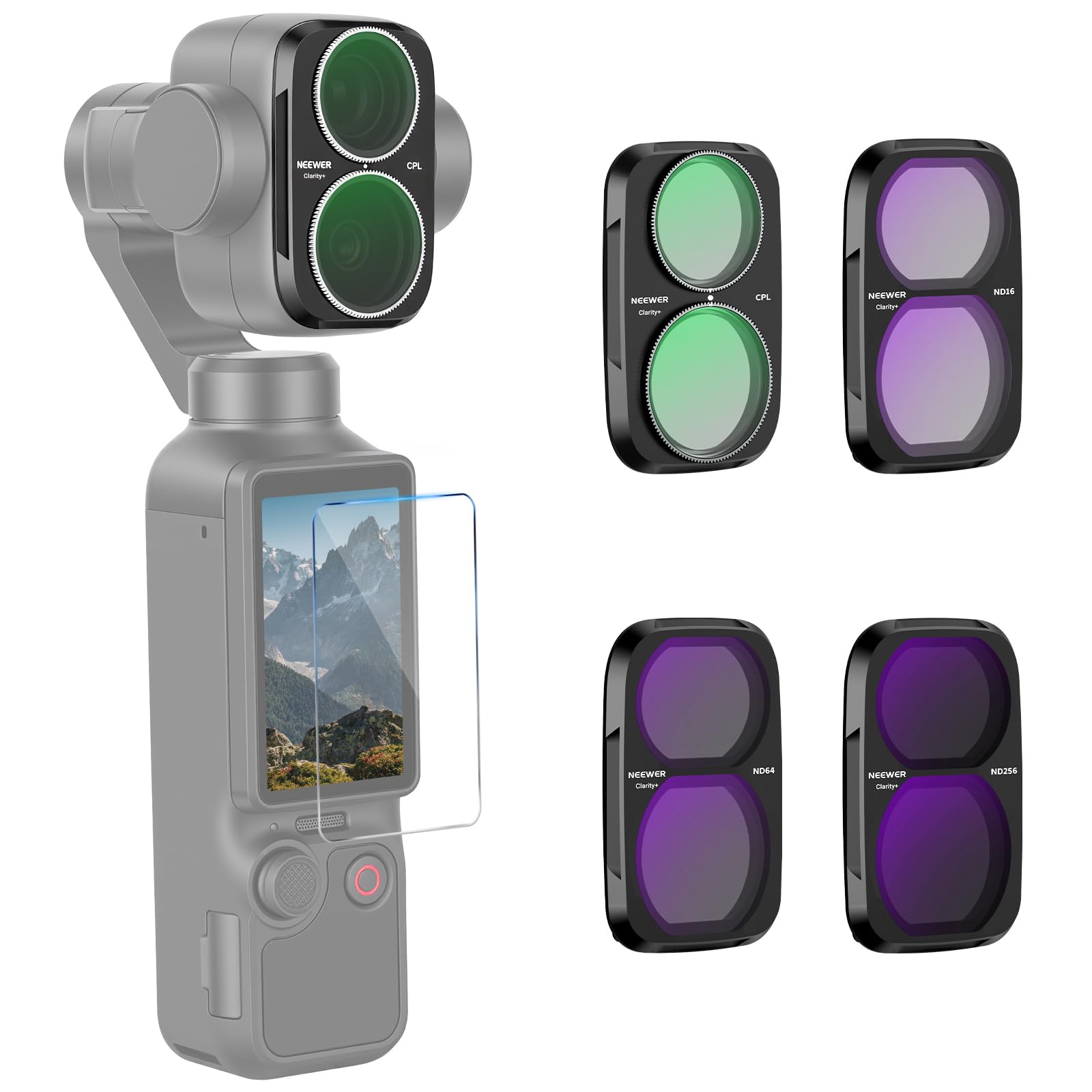 NEEWER Clarity+ND/CPL Zestaw filtrów kompatybilny z DJI Osmo Pocket 4P | Szkło optyczne o wysokiej rozdzielczości, filtry ND16+ND64+ND256 i okrągły filtr polaryzacyjny do teleobiektywu (12x)