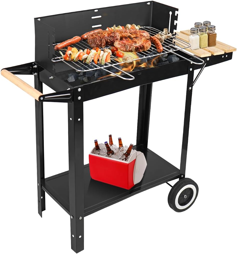 Charcoal Grills, Outdoor BBQ Grill with Side Table, Charcoal Grill with Wheels for Outdoor Grilling/Tabletop Cooking