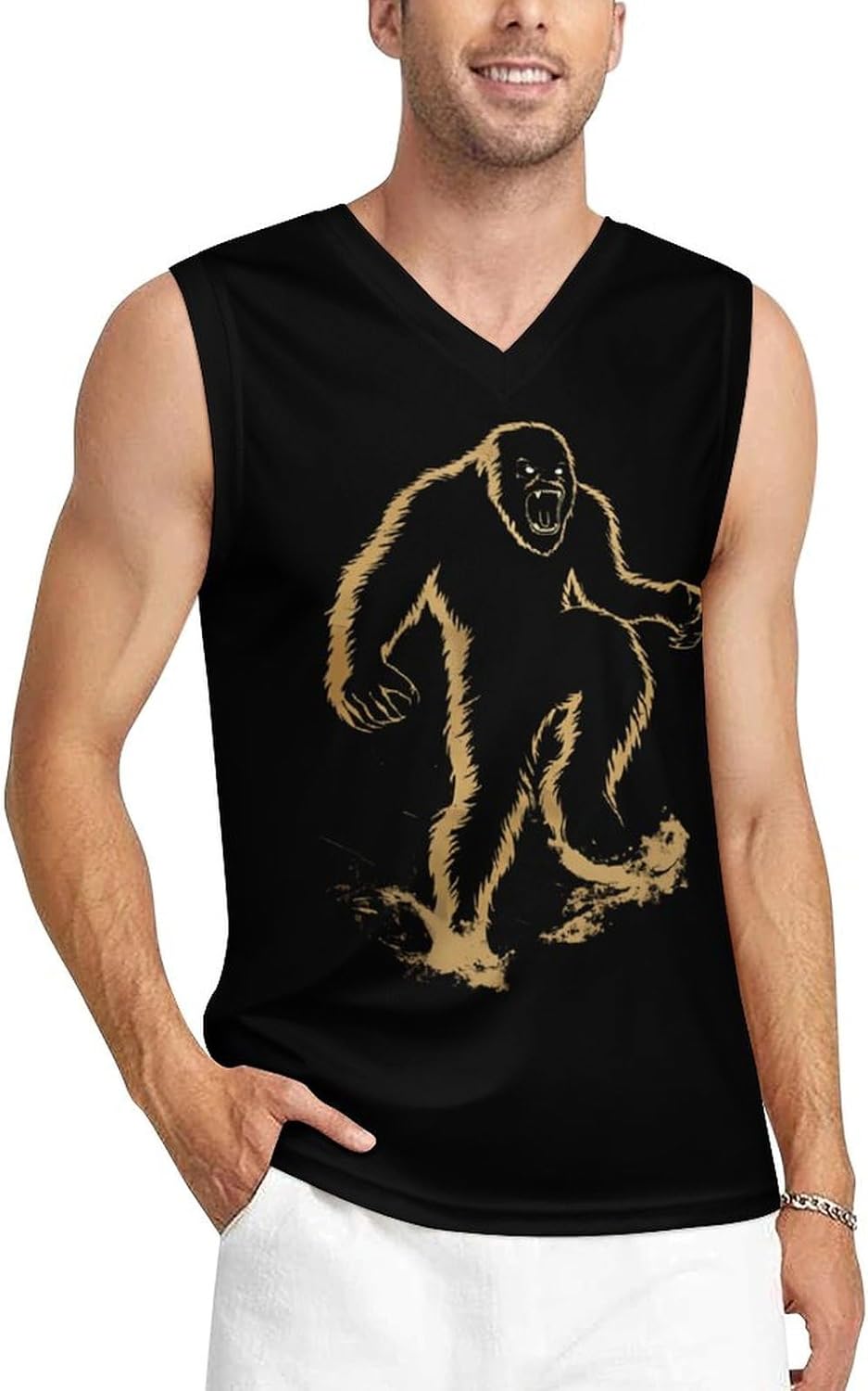 Bigfoot Sasquatch Golden Men's V-Neck Basketball Tank Top Sleeveless Workout Tank Shirts Gym Fitness Tees Vest