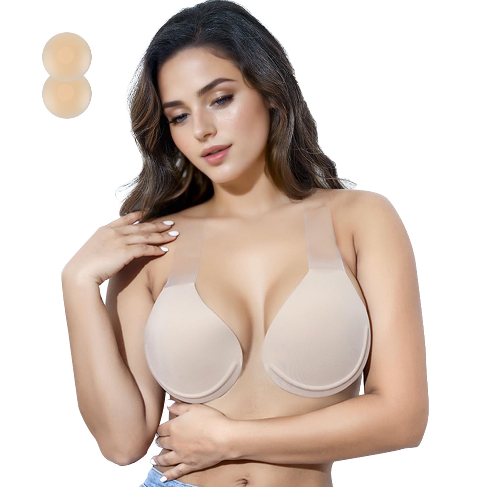 Soutien-gorge push-up collant pour gros seins - Invisilift Plus Size Soutien-gorge en silicone adhésif dos nu, beige, C