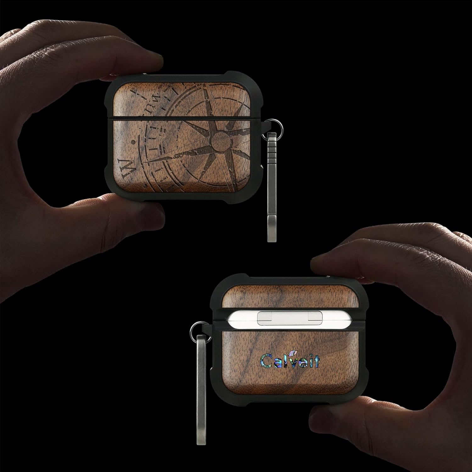 Carveit Wooden Case for AirPods Pro 3 Case (2025), Wood Artisan Engraved & TPU Shockproof Cover, Titanium Quick Released Clasp, Wireless Chargers Compatible (The Incomplete Compass) Walnut