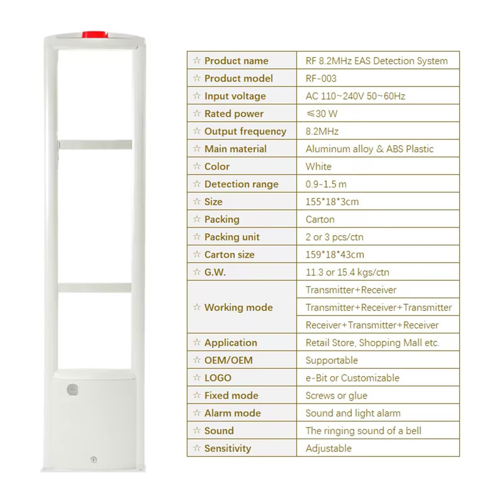 Attrezzature antifurto per la Vendita al Dettaglio, Etichette di Sicurezza per la Vendita al Dettaglio, sistemi a Torre RF 8.2mhz, Allarme Luminoso sonoro con Etichette di Sicurezza