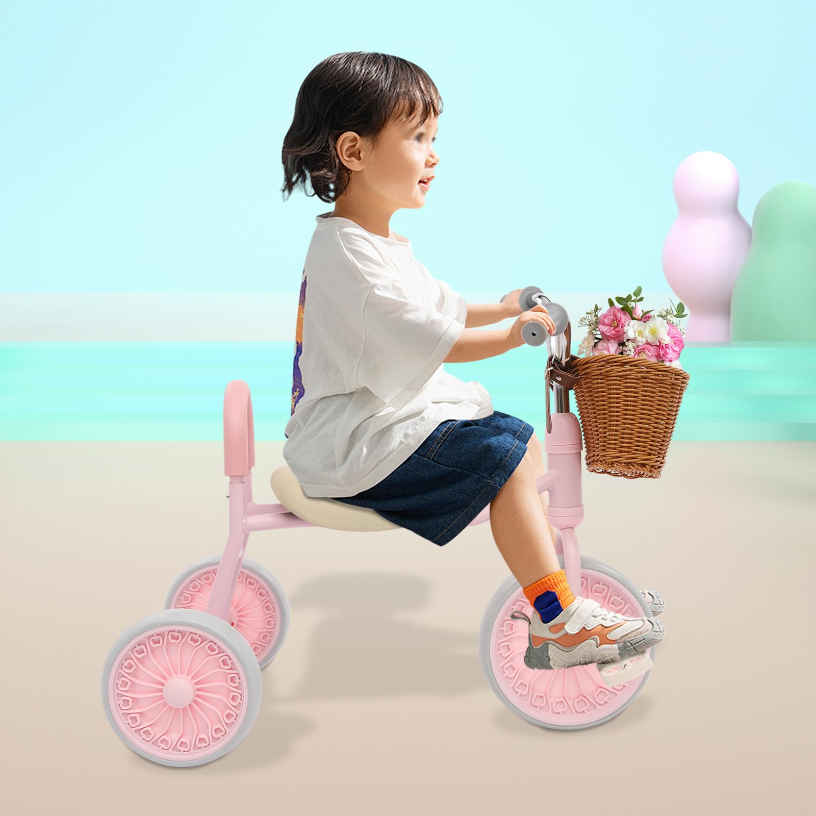Triciclo per bambini dai 2 anni in su, con pedali, cestino, pneumatici in EVA, cinghie e borsa, per bambini da 2 a 6 anni, portata fino a 30 kg, rosa