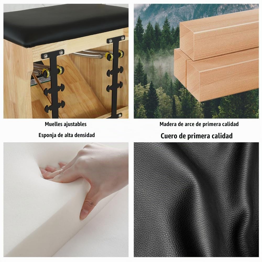 Asiento de Pilates de PU y Madera para Reformer, Corrector de Postura, Barril de Pilates, Silla de Pilates con Pedales y Asas divididos para Yoga, Set Multifuncional de Reformer de Pilates.