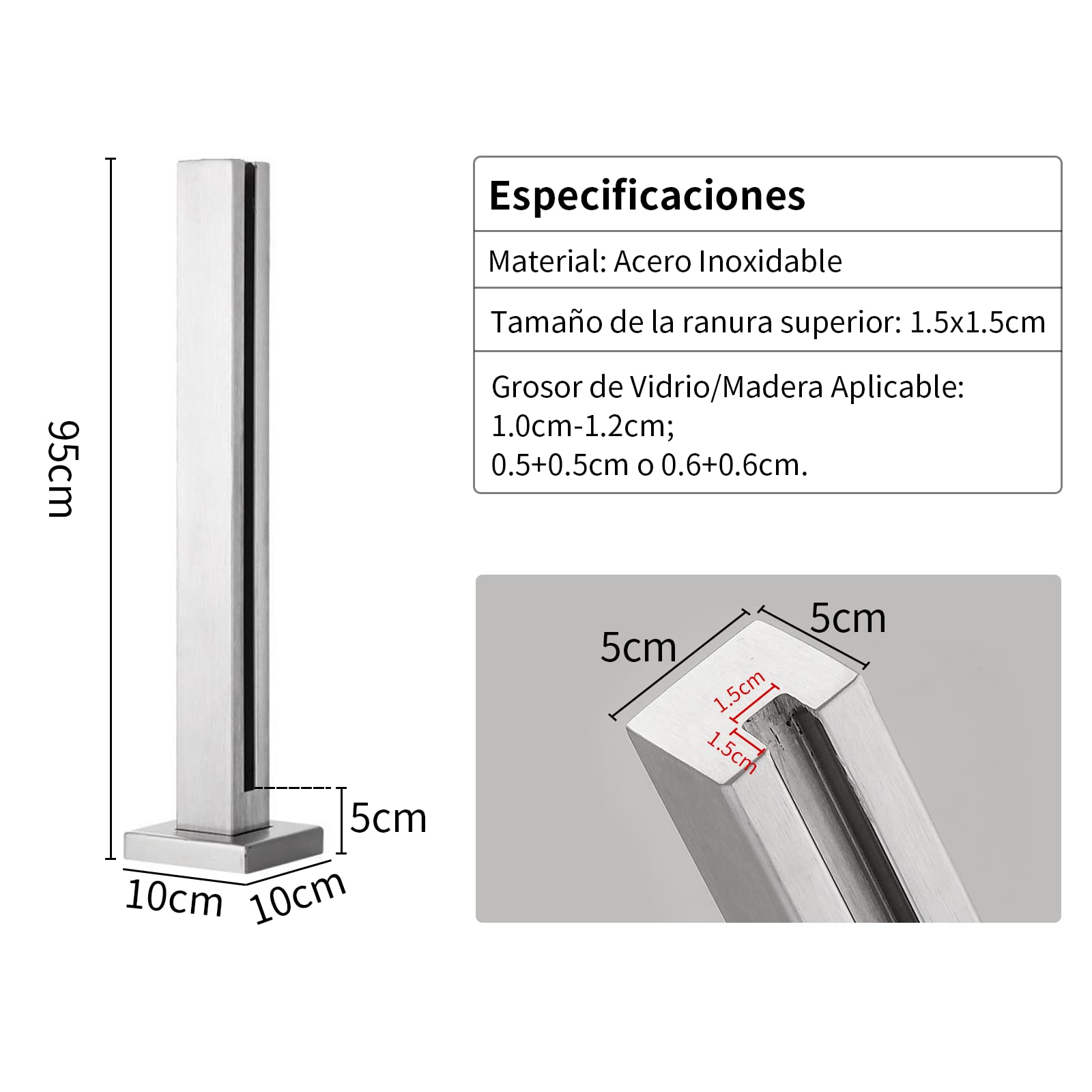 Poste final para balaustrada de vidrio de 95cm, poste de barandilla de vidrio de acero inoxidable 304 para chalés, balcones, escaleras, terrazas y patios (que no permite añadir barandillas)