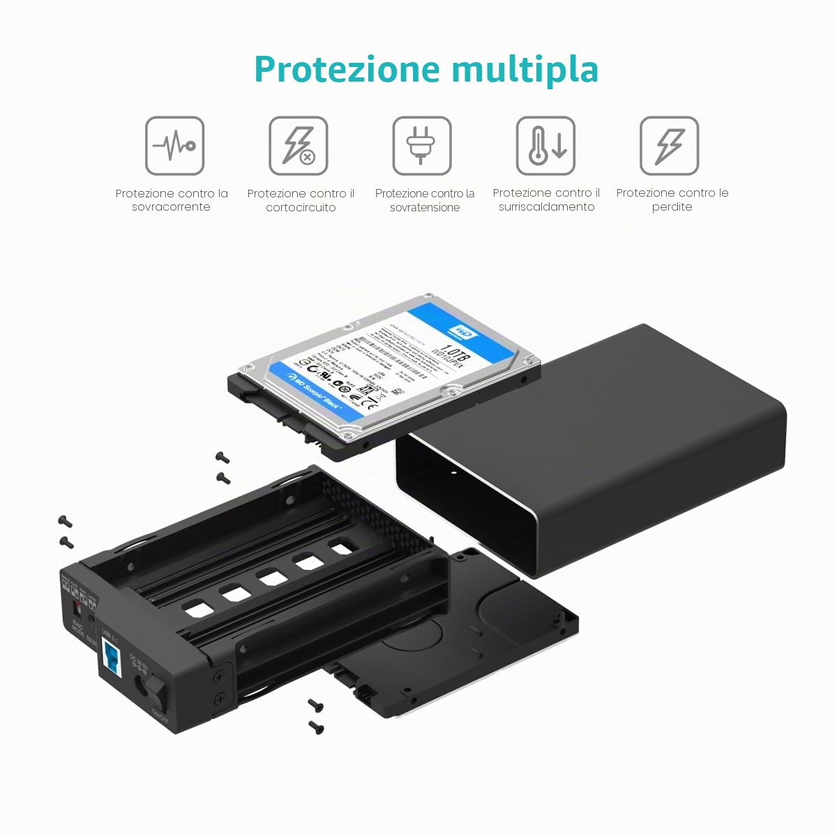 Enclosure RAID a 2 alloggiamenti RAID in alluminio per 2 SSD SATA da 2,5", USB 3.2 Gen2 (10 Gbit/s), alloggiamento in alluminio, RAID 0, RAID1, singolo, grande, 2 cavi USB-A, USB-C