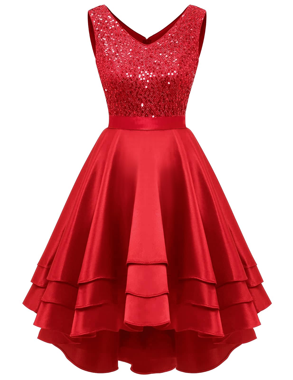 Meetjen Robe d'invité de Mariage pour Femme Robes de Soirée Cocktail Scintillante Col en V Satin Haute et Basse Ligne A