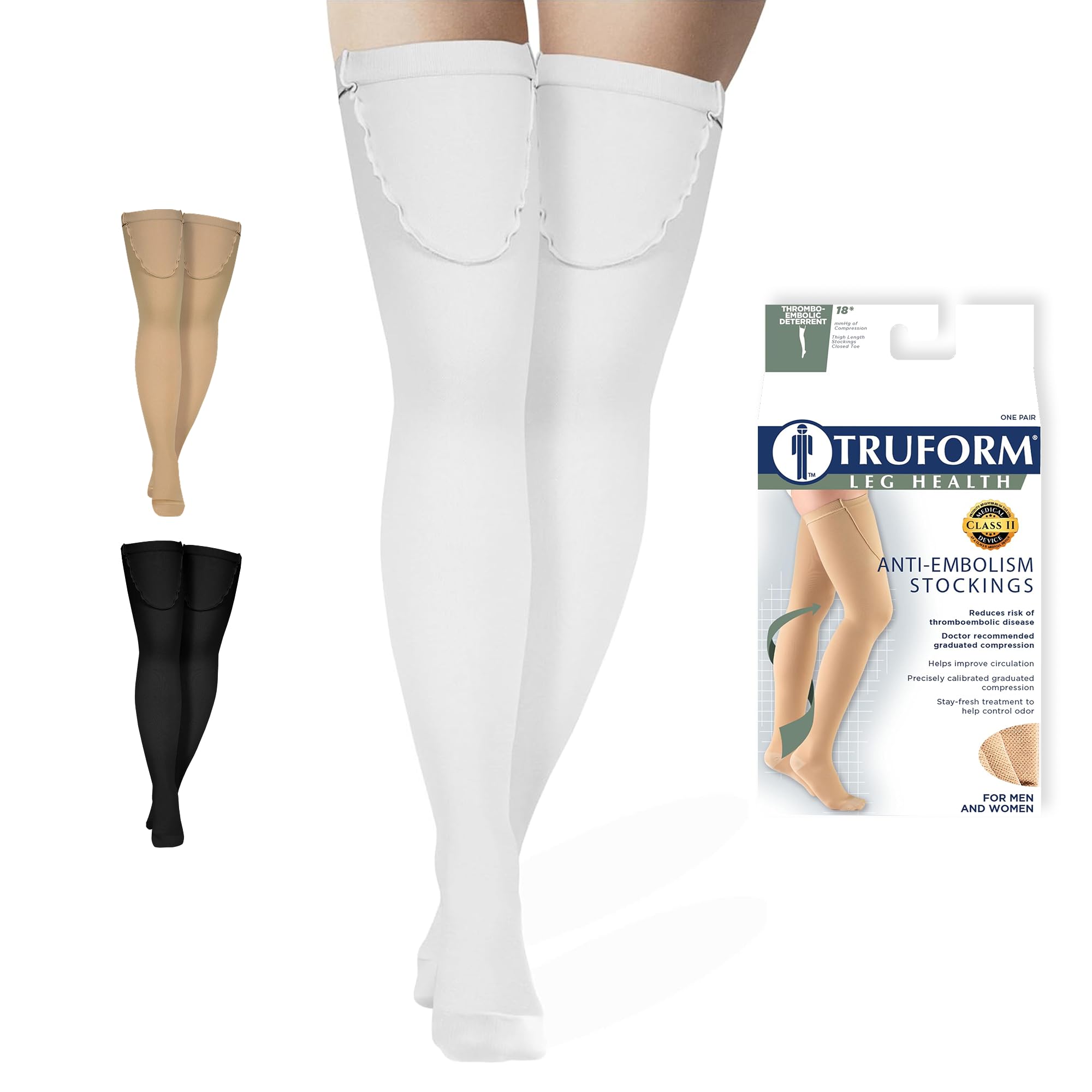 Photo 1 of Truform Anti Embolism Stockings, Thigh High Post Surgery Recovery Hospital Style, 18 mmHg Compression for Men and Women, Full Length Ted Hose, Closed Toe, White, Large