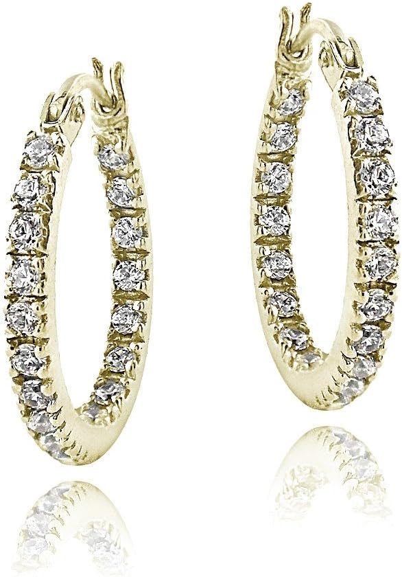 Hoops & Loops 925 Sterling Silver Cubic Zirconia Inside Out 17mm, 20mm, 25mm Round Click-Top Hoop Earrings for Women, Silver, Rose & Yellow Gold