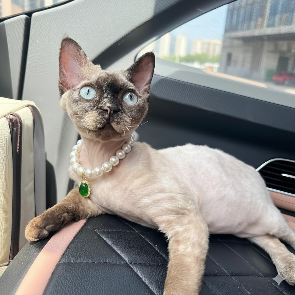 Elegant Pet Pearl Necklace with Green Jade Pendant, Adjustable White Pearl Collar for Cats and Small Dogs, Premium Fashion Pet Jewelry (Extra Small) (Agate Green, Small) image 2