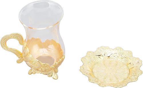 Miniatura 5 de Juego de taza de café y platillo, tazas de café doradas europeas bellamente talladas, elegante taza de té retro de aleación de zinc con platillo