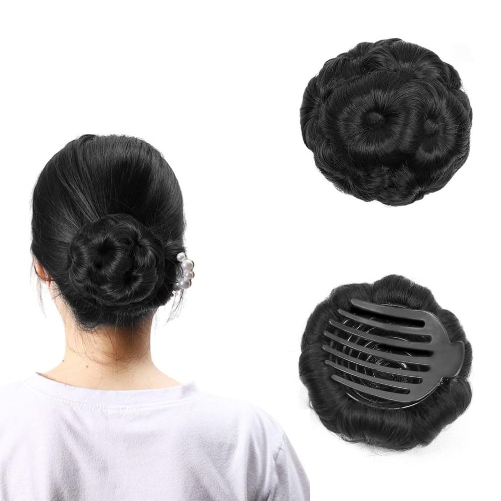 (Pack of 1) Women's Hair Clutchers Juda Bun With Artificial Synthetic Hair Extension for girls (Black Color)-picture-26