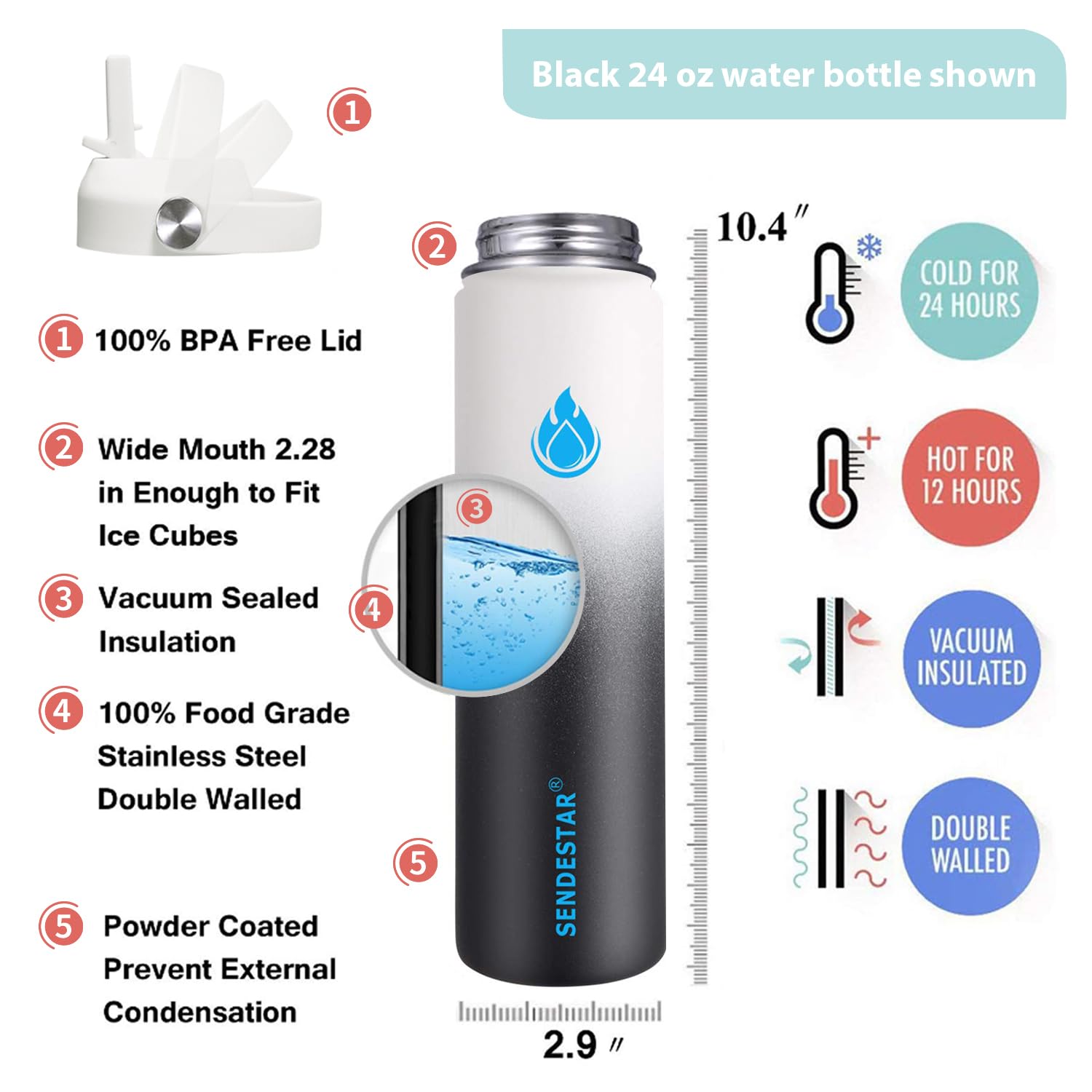 SENDESTAR 24oz Stainless Steel Water Bottle - Vacuum Insulated, Wide Mouth, With Flex Straw & Spout Lids - View #6