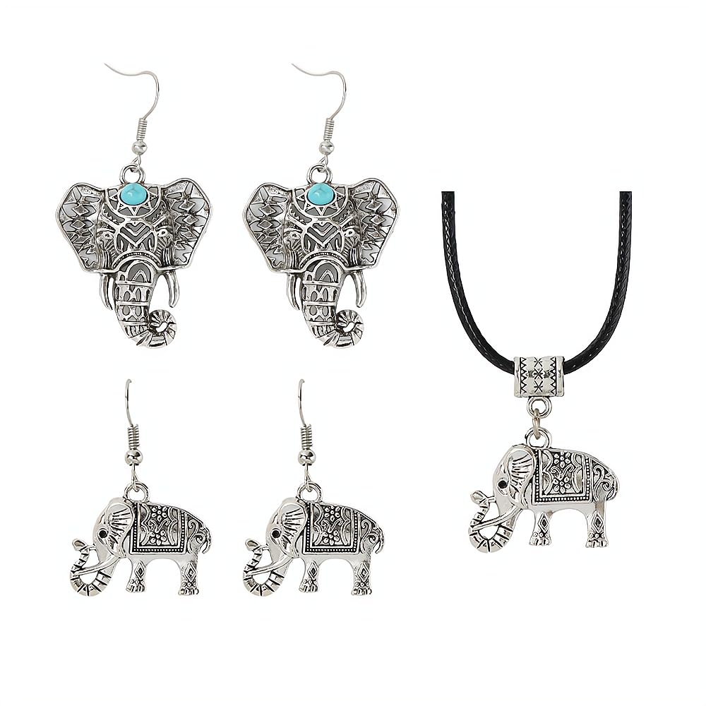 3Pcs Cute Retro 3D Elephant Design Dangle Earrings and Bohemian Vintage Elephant Inlaid With Turquoise Design Hook Earrings Alloy Accessories Gift