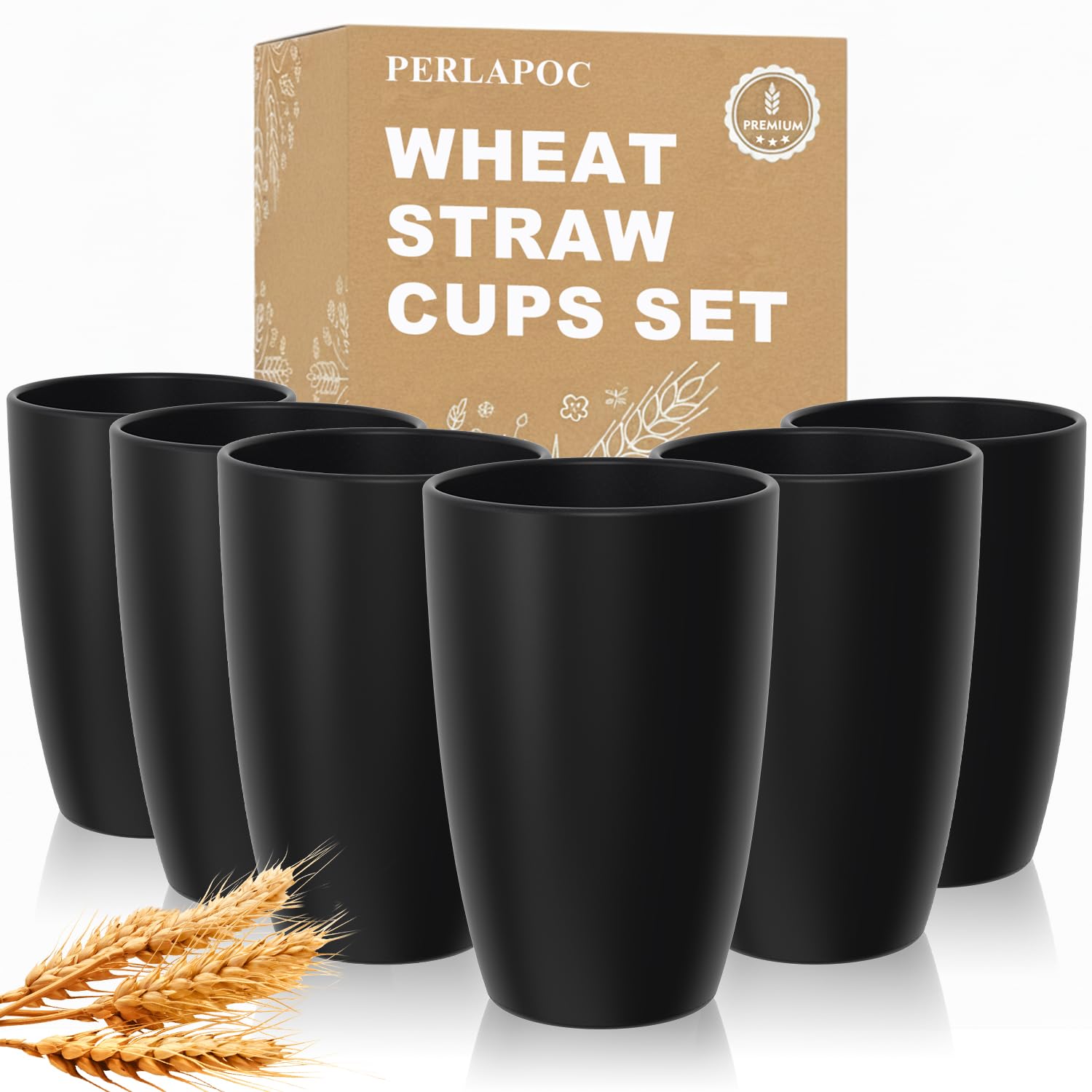 6PCS Wheat Straw Cups, 20 OZ Reusable Black Plastic Cups for Party