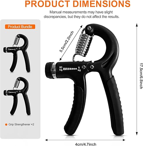 Miniatura 6 de Fortalecedor de agarre de mano ajustable, rango de resistencia de 11.0-132.3 lbs, múltiples métodos de ejercicio, negro, juego de 2